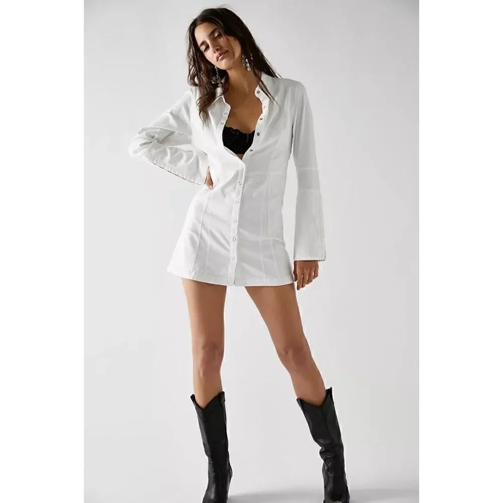 NWT Free People Ivory Thea Button Front Flared Sleeve Mini Shirt Dress, Size XS